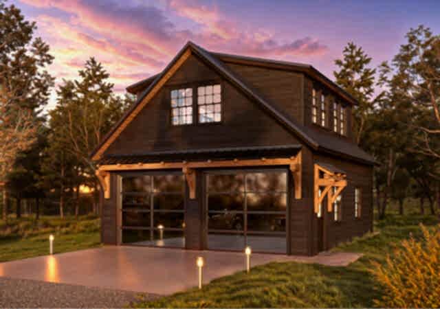 If you’ve been eyeing one of our premium timber frame garages, you’ll love the Ridgeview Loft. At first glance, its striking design, complete with pent roofs over the garage and entry doors, gives it the sophisticated look of a timber frame build. But this model doesn’t just look upscale—it delivers. With glass panel garage doors, black-trimmed windows, and a standing seam metal roof, the Ridgeview Loft checks all the boxes for modern, high-end appeal. When compared to our classic 2-story A-frame garage, the Ridgeview Loft clearly sets itself apart. Its steeper pitched roof and extended dormers make the second floor dramatically more spacious and versatile. Whether you're envisioning turning this space into a mancave, home office, art studio, or guest space, the Ridgeview Loft offers the flexibility to bring your vision to life—while maintaining exceptional value.