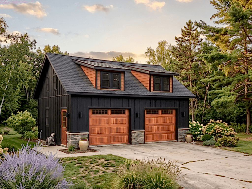 24' x 28' Carriage Style Garage Black with Lean to Dormers