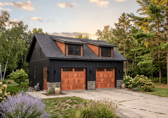 24' x 28' Carriage Style Garage Black with Lean to Dormers